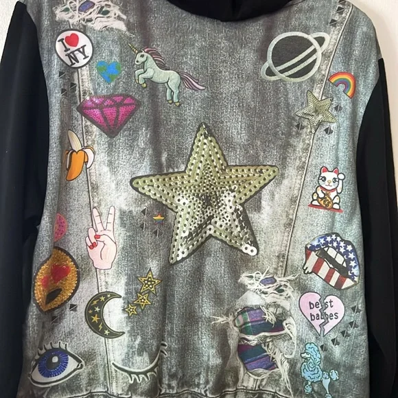 Terez Black Zip Up Hoodie Jacket with Graphic 80’s- 90’s Design. Size Medium - Picture 5 of 8